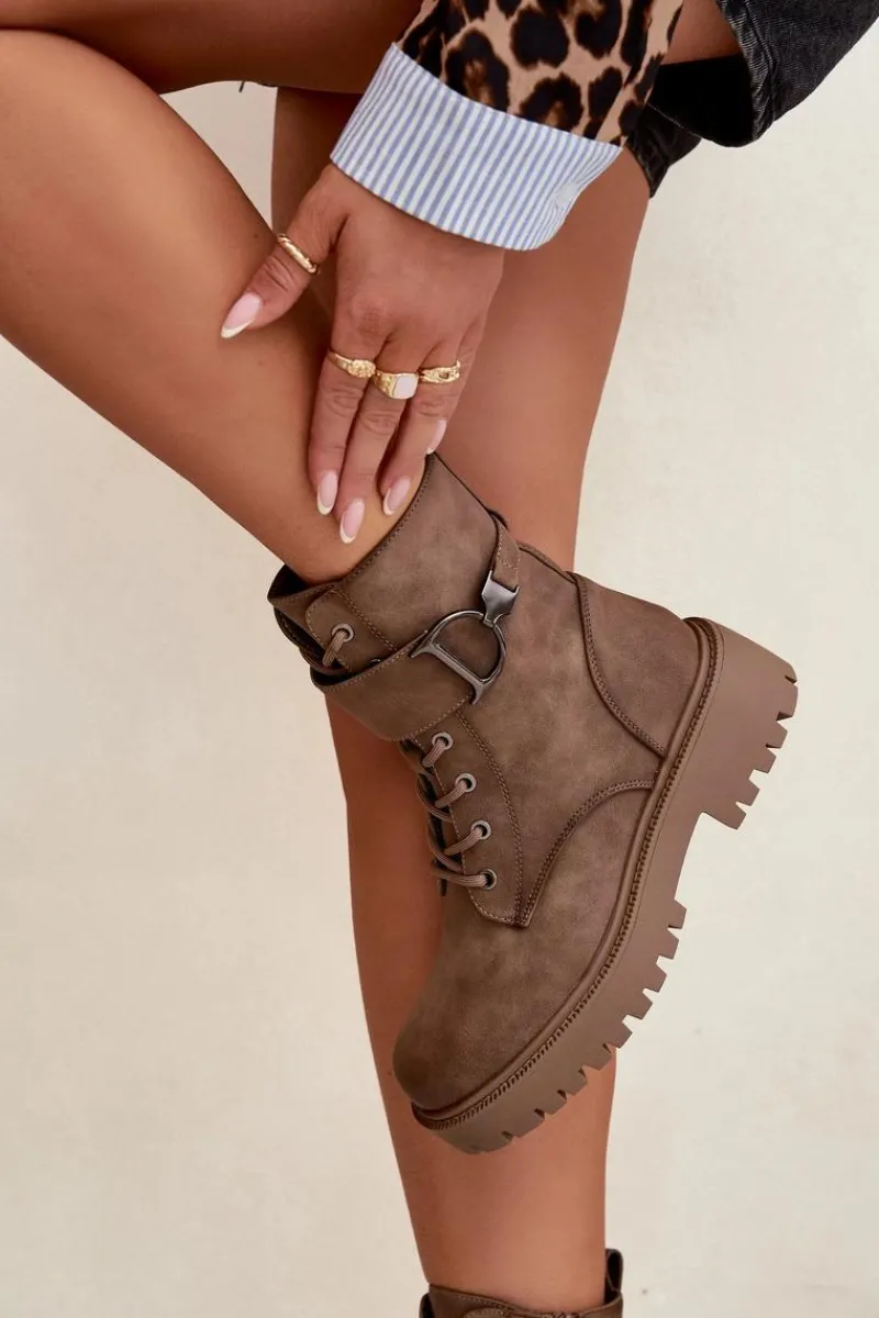 Discount Botki Workery Damskie Z Ocieplane Z Ozdobnym Paskiem Ciemnobeżowe Ulivine Damskie Botki Ocieplane|Botki Sznurowane