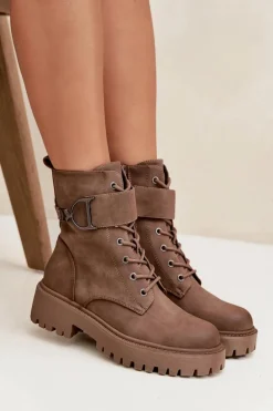 Discount Botki Workery Damskie Z Ocieplane Z Ozdobnym Paskiem Ciemnobeżowe Ulivine Damskie Botki Ocieplane|Botki Sznurowane