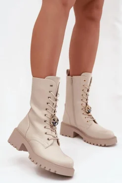 Hot Boto Botki Workery Damskie Z Ozdobą Beżowe Jorayne Beżowy