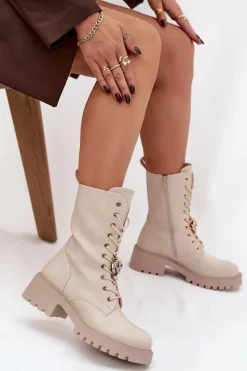 Hot Boto Botki Workery Damskie Z Ozdobą Beżowe Jorayne Beżowy
