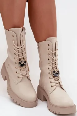 Hot Boto Botki Workery Damskie Z Ozdobą Beżowe Jorayne Beżowy