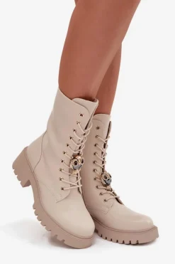 Hot Boto Botki Workery Damskie Z Ozdobą Beżowe Jorayne Beżowy