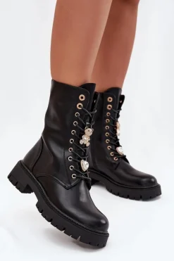 Botki Ocieplane|Botki Sznurowane>Boto Botki Workery Damskie Z Przypinkami Ocieplane Czarne Lomina