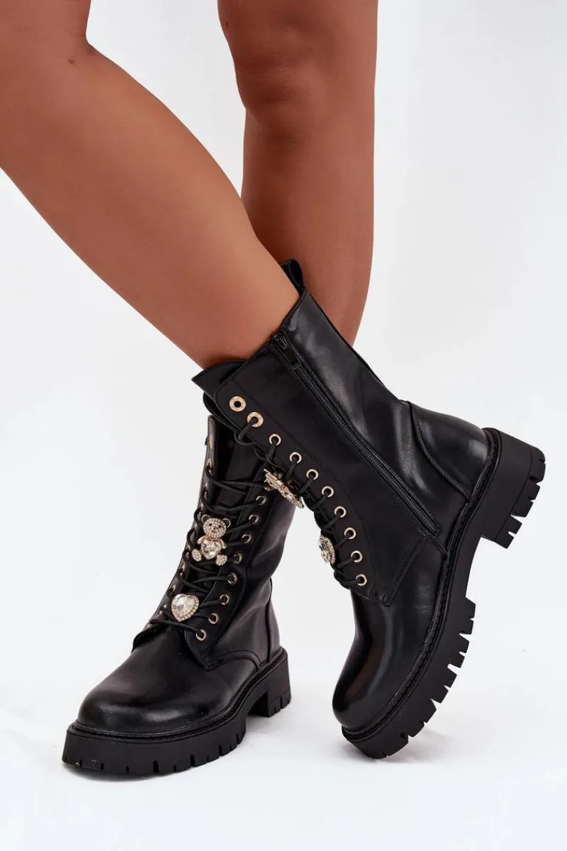 Botki Ocieplane|Botki Sznurowane>Boto Botki Workery Damskie Z Przypinkami Ocieplane Czarne Lomina