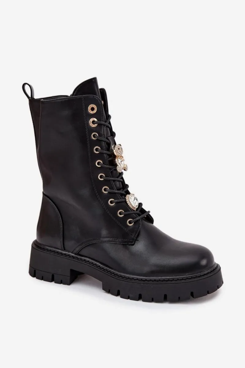 Botki Ocieplane|Botki Sznurowane>Boto Botki Workery Damskie Z Przypinkami Ocieplane Czarne Lomina