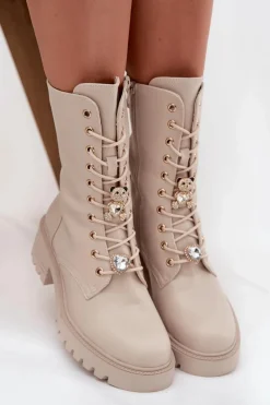 Botki Sznurowane|Botki Płaskie>Boto Botki Workery Damskie Z Przypinkami Miś Serce Beżowe Iravine