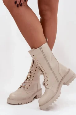 Botki Sznurowane|Botki Płaskie>Boto Botki Workery Damskie Z Przypinkami Miś Serce Beżowe Iravine