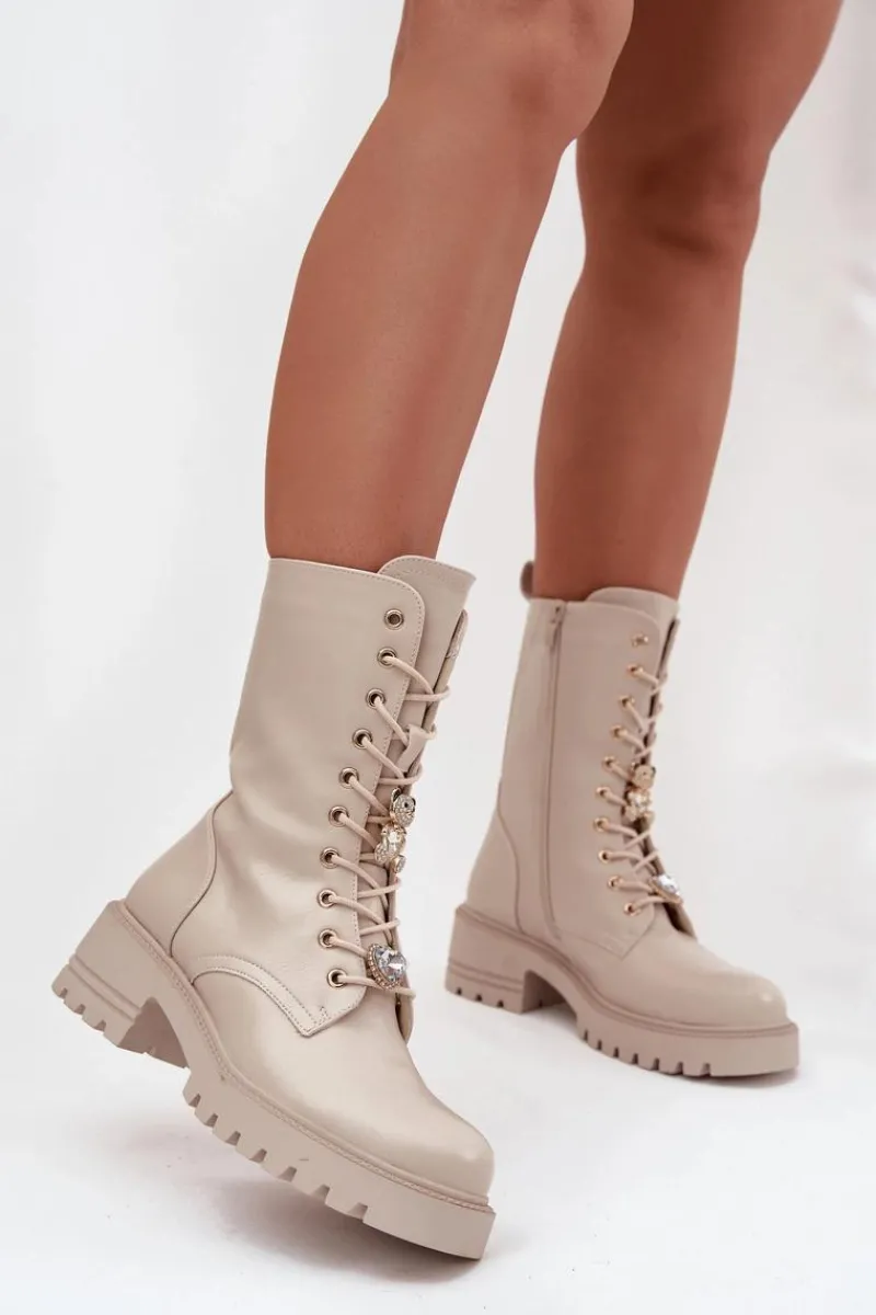 Botki Sznurowane|Botki Płaskie>Boto Botki Workery Damskie Z Przypinkami Miś Serce Beżowe Iravine