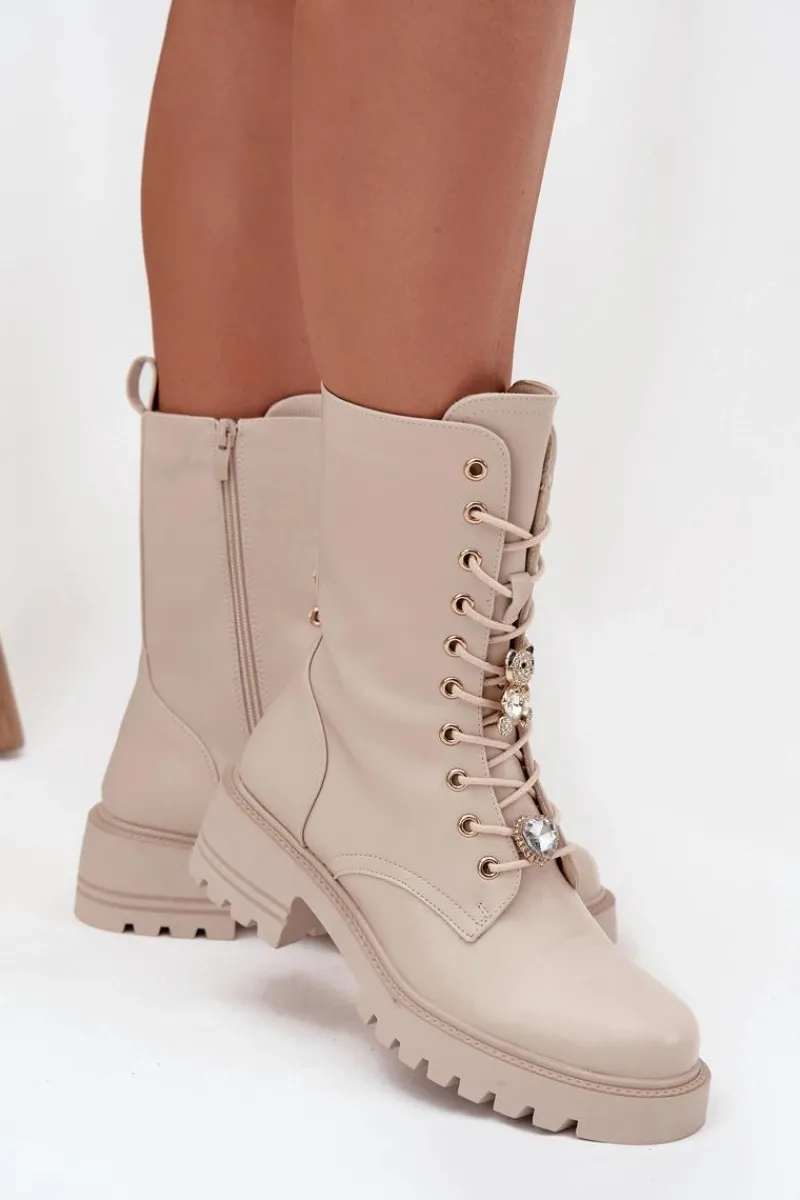 Botki Sznurowane|Botki Płaskie>Boto Botki Workery Damskie Z Przypinkami Miś Serce Beżowe Iravine