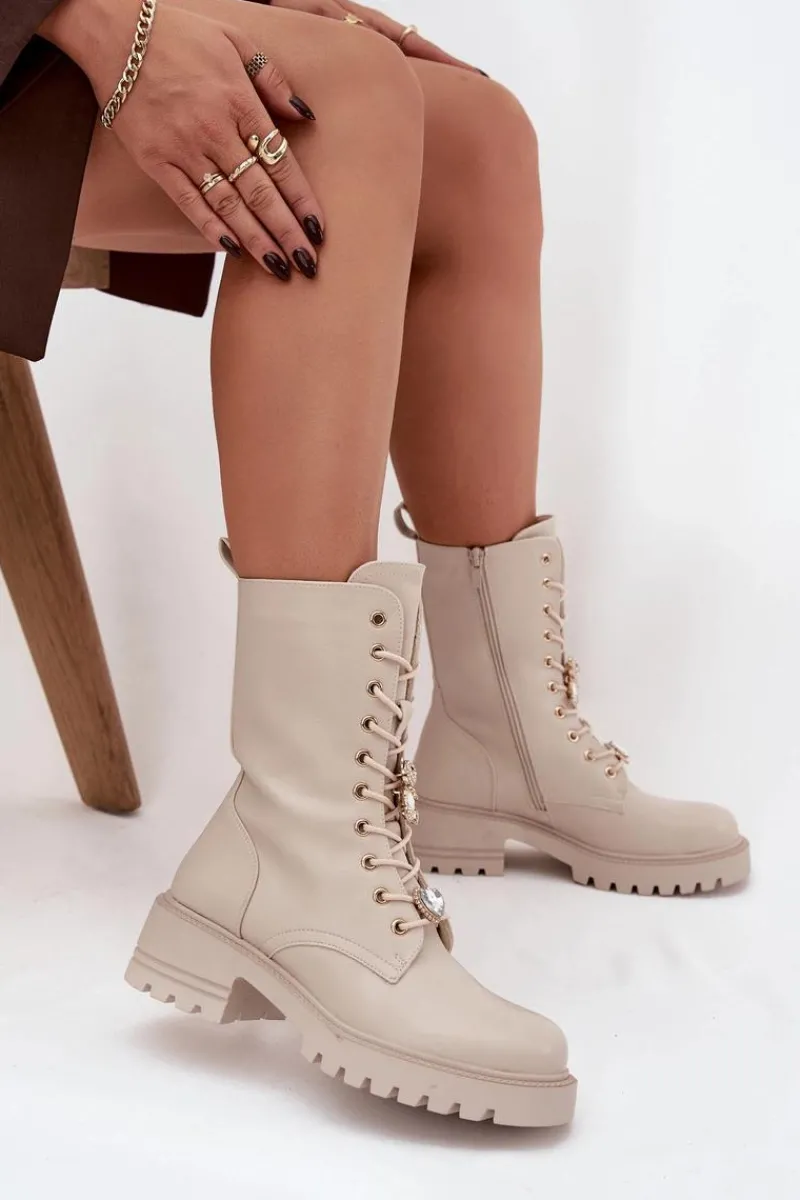 Botki Sznurowane|Botki Płaskie>Boto Botki Workery Damskie Z Przypinkami Miś Serce Beżowe Iravine