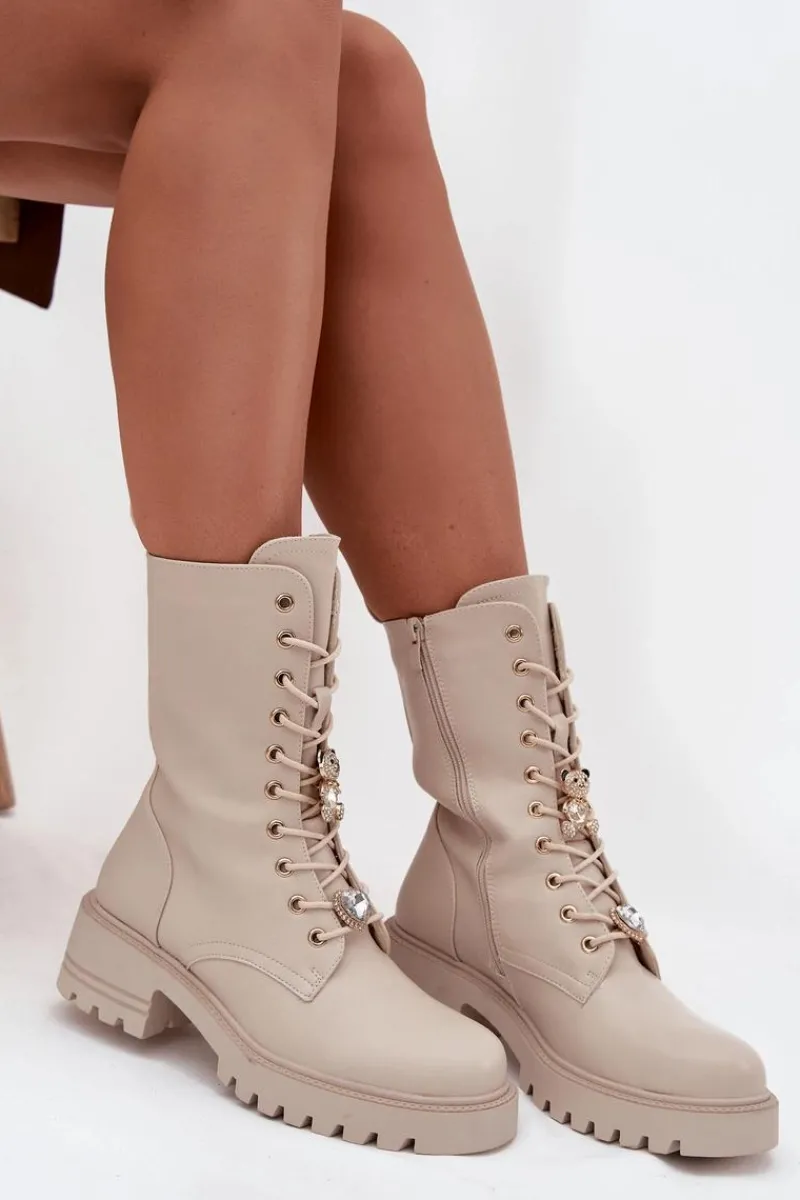 Botki Sznurowane|Botki Płaskie>Boto Botki Workery Damskie Z Przypinkami Miś Serce Beżowe Iravine