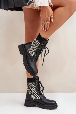 Botki Wiosenne|Botki Ocieplane>Boto Botki Workery Damskie Ze Skarpetą Zebra Czarne Raviri