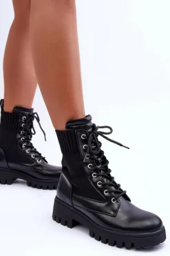 Botki Workery Damskie Ze Skarpetą Czarne Melaste Damskie Botki Sznurowane|Czarne Botki