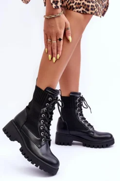 Botki Workery Damskie Ze Skarpetą Czarne Melaste Damskie Botki Sznurowane|Czarne Botki