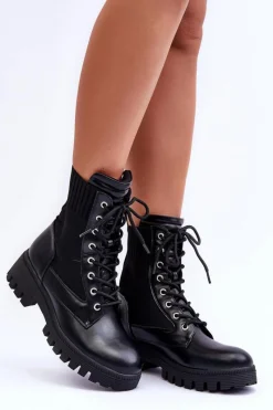 Botki Workery Damskie Ze Skarpetą Czarne Melaste Damskie Botki Sznurowane|Czarne Botki