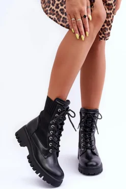 Botki Workery Damskie Ze Skarpetą Czarne Melaste Damskie Botki Sznurowane|Czarne Botki