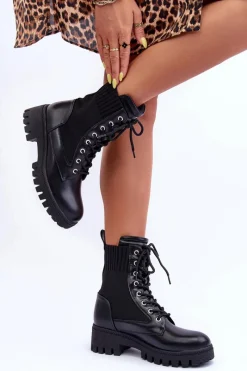 Botki Workery Damskie Ze Skarpetą Czarne Melaste Damskie Botki Sznurowane|Czarne Botki