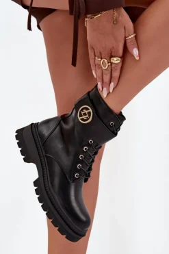 Hot Boto Botki Workery Damskie Ze Złotym Detalem Ocieplane Czarne Fiorena Czarny