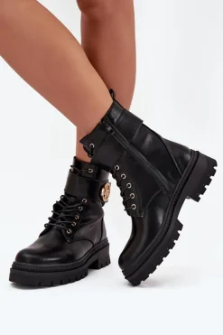 Hot Boto Botki Workery Damskie Ze Złotym Detalem Ocieplane Czarne Fiorena Czarny