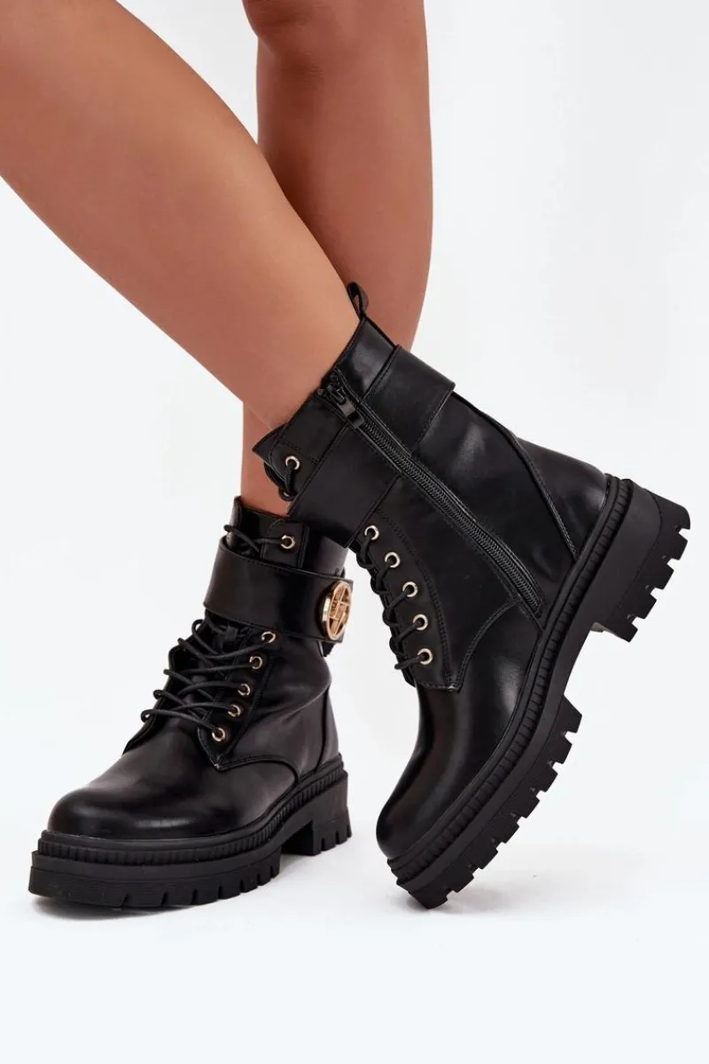 Hot Boto Botki Workery Damskie Ze Złotym Detalem Ocieplane Czarne Fiorena Czarny