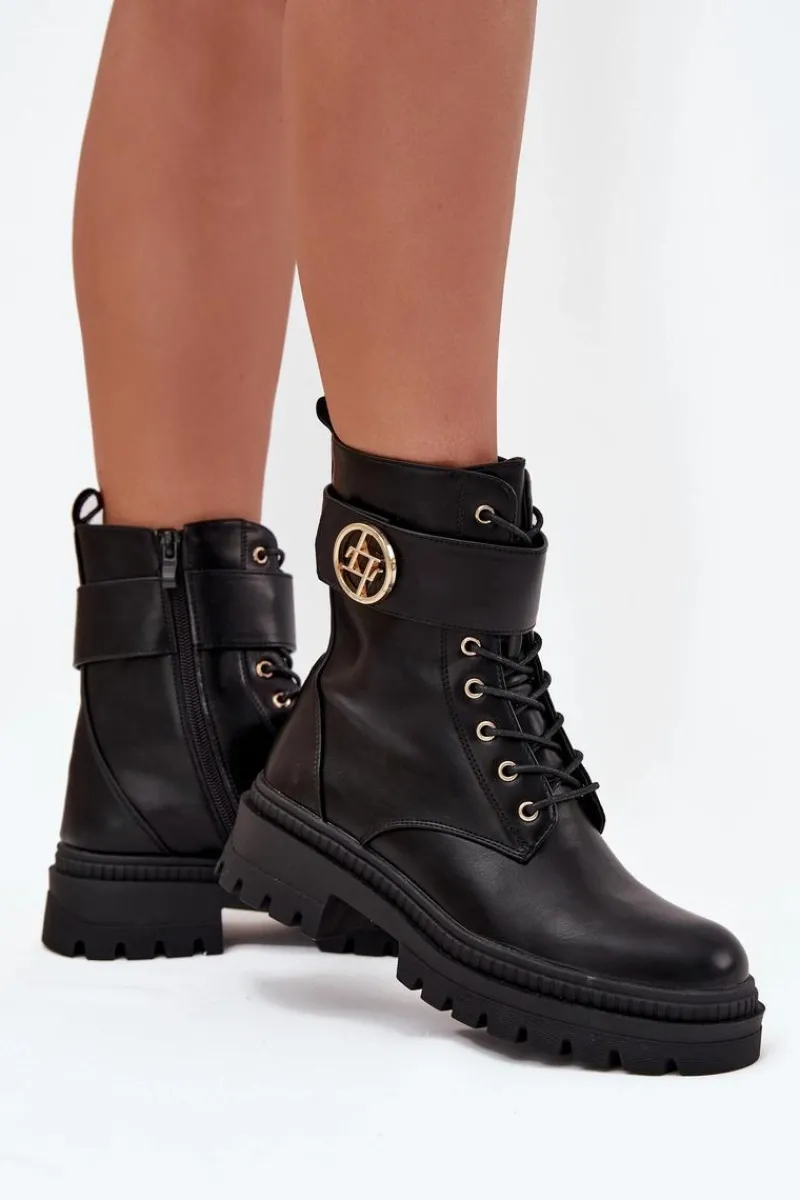 Hot Boto Botki Workery Damskie Ze Złotym Detalem Ocieplane Czarne Fiorena Czarny