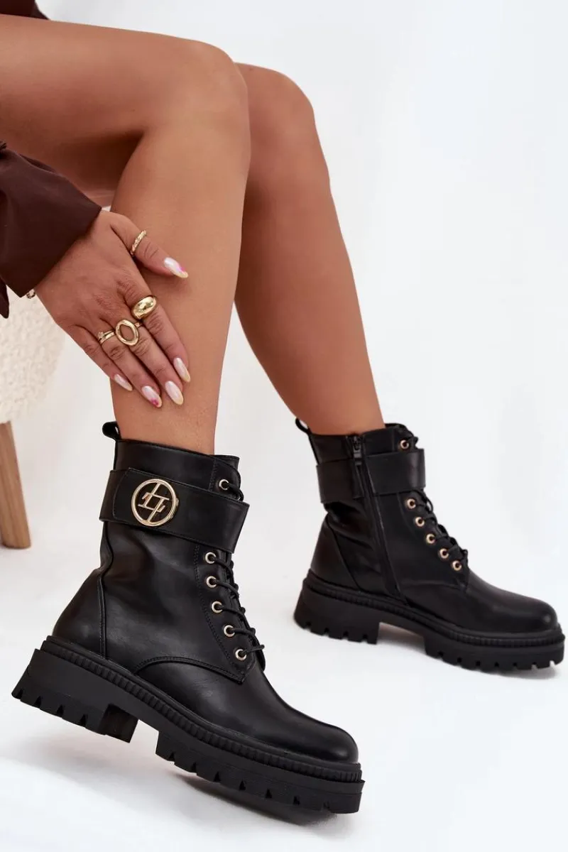 Hot Boto Botki Workery Damskie Ze Złotym Detalem Ocieplane Czarne Fiorena Czarny