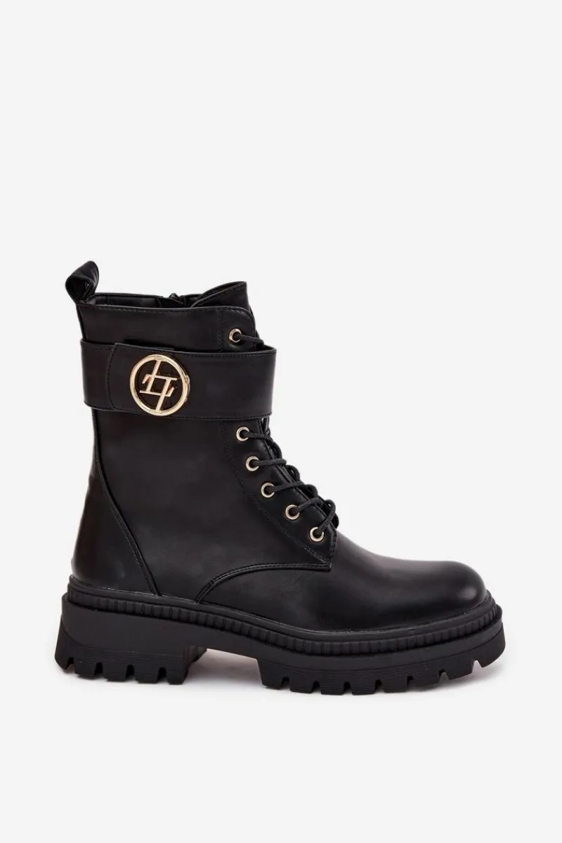 Hot Boto Botki Workery Damskie Ze Złotym Detalem Ocieplane Czarne Fiorena Czarny