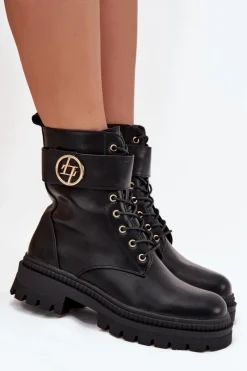 Hot Boto Botki Workery Damskie Ze Złotym Detalem Ocieplane Czarne Fiorena Czarny