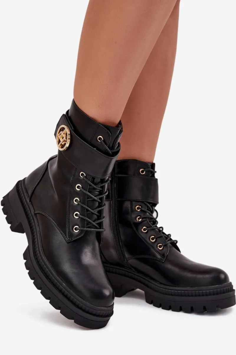 Hot Boto Botki Workery Damskie Ze Złotym Detalem Ocieplane Czarne Fiorena Czarny