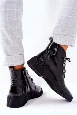 Clearance Botki Workery Lakierowane Na Suwak Czarne Vica Damskie Botki Sznurowane|Czarne Botki