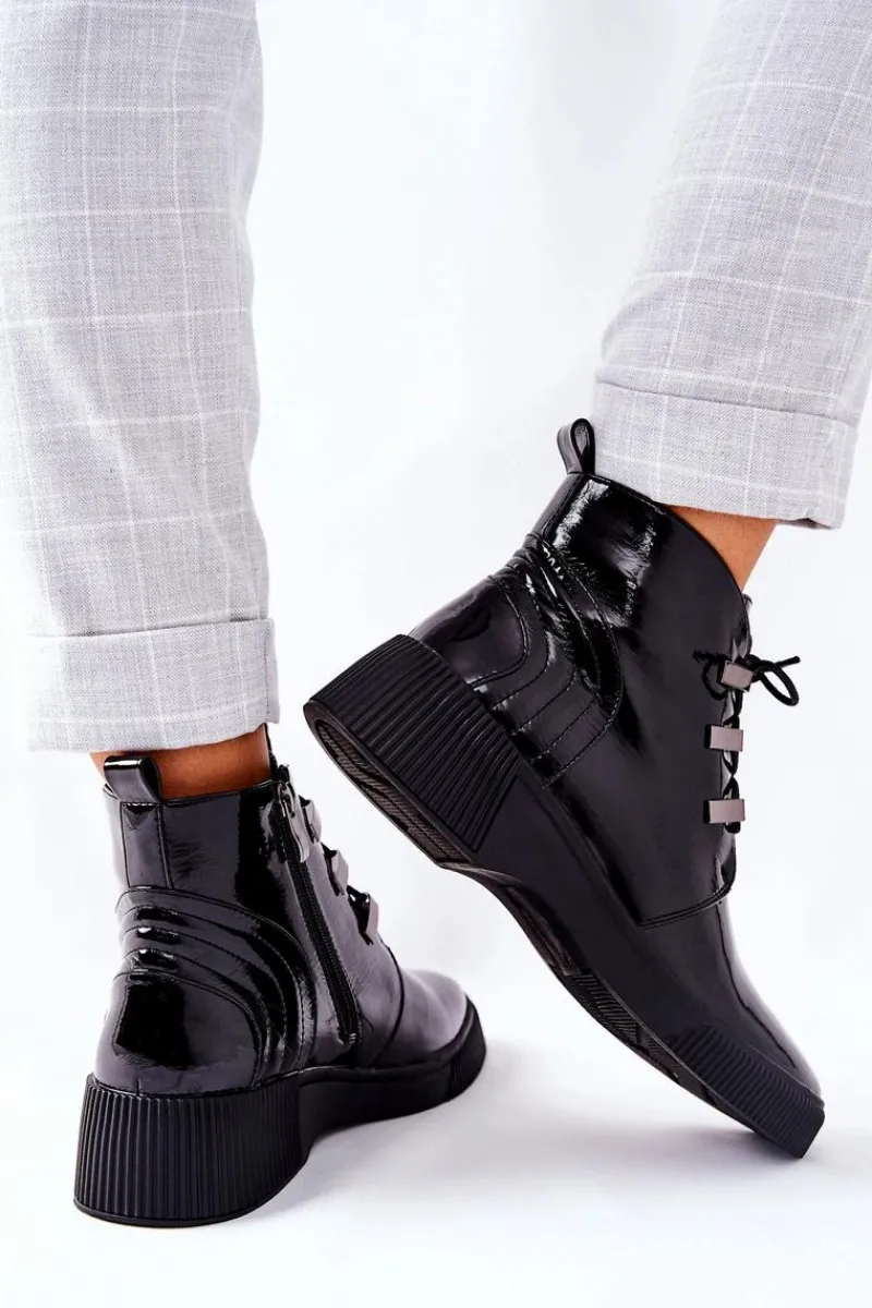 Clearance Botki Workery Lakierowane Na Suwak Czarne Vica Damskie Botki Sznurowane|Czarne Botki