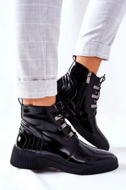 Clearance Botki Workery Lakierowane Na Suwak Czarne Vica Damskie Botki Sznurowane|Czarne Botki