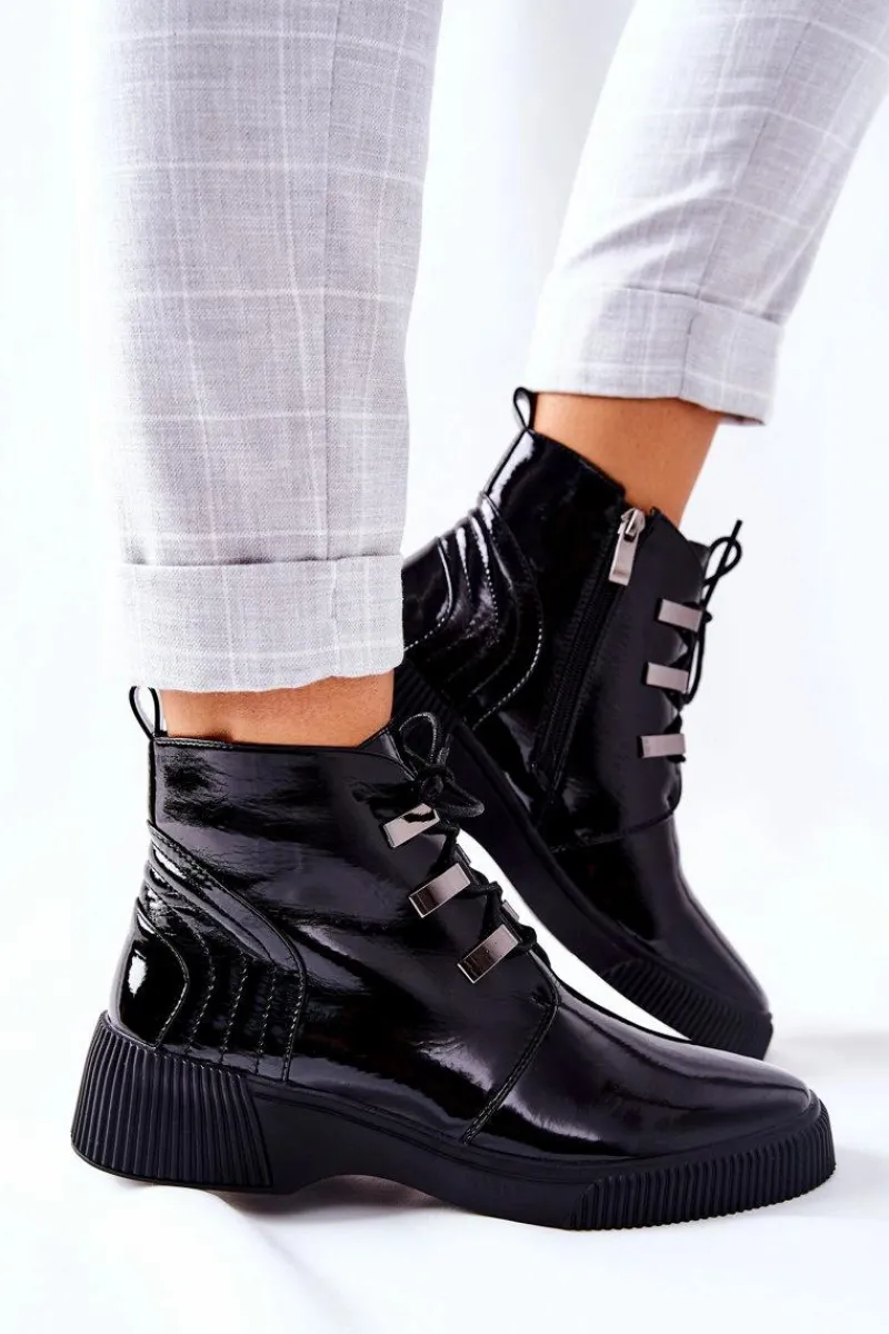 Clearance Botki Workery Lakierowane Na Suwak Czarne Vica Damskie Botki Sznurowane|Czarne Botki