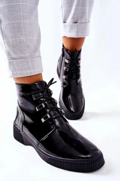 Clearance Botki Workery Lakierowane Na Suwak Czarne Vica Damskie Botki Sznurowane|Czarne Botki