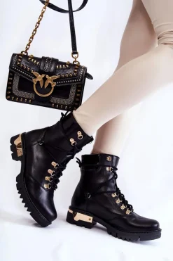 Sale Botki Workery Lewski Shoes 3243 Czarne Damskie Botki Skórzane|Botki Sznurowane