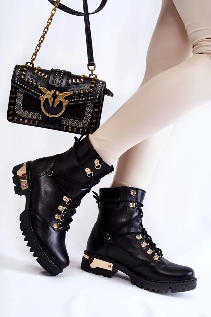 Sale Botki Workery Lewski Shoes 3243 Czarne Damskie Botki Skórzane|Botki Sznurowane