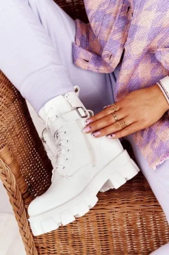 Sale Boto Botki Workery Na Platformie z Nerką Białe Saturday