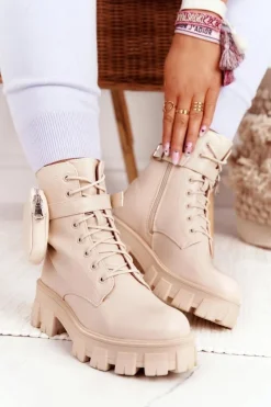 Clearance Botki Workery Na Platformie z Nerką Beżowe Saturday Damskie Damskie Trapery|Botki Sznurowane