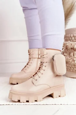 Clearance Botki Workery Na Platformie z Nerką Beżowe Saturday Damskie Damskie Trapery|Botki Sznurowane