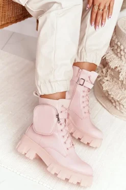 Hot Botki Workery Na Platformie z Nerką Różowe Saturday Damskie Botki Wiosenne|Damskie Trapery