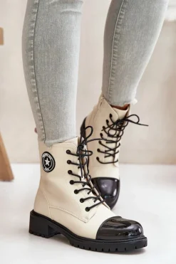 New Botki Workery Na Zamek Ocieplane Beżowo-Czarne Soratta Damskie Botki Sznurowane|Botki Płaskie