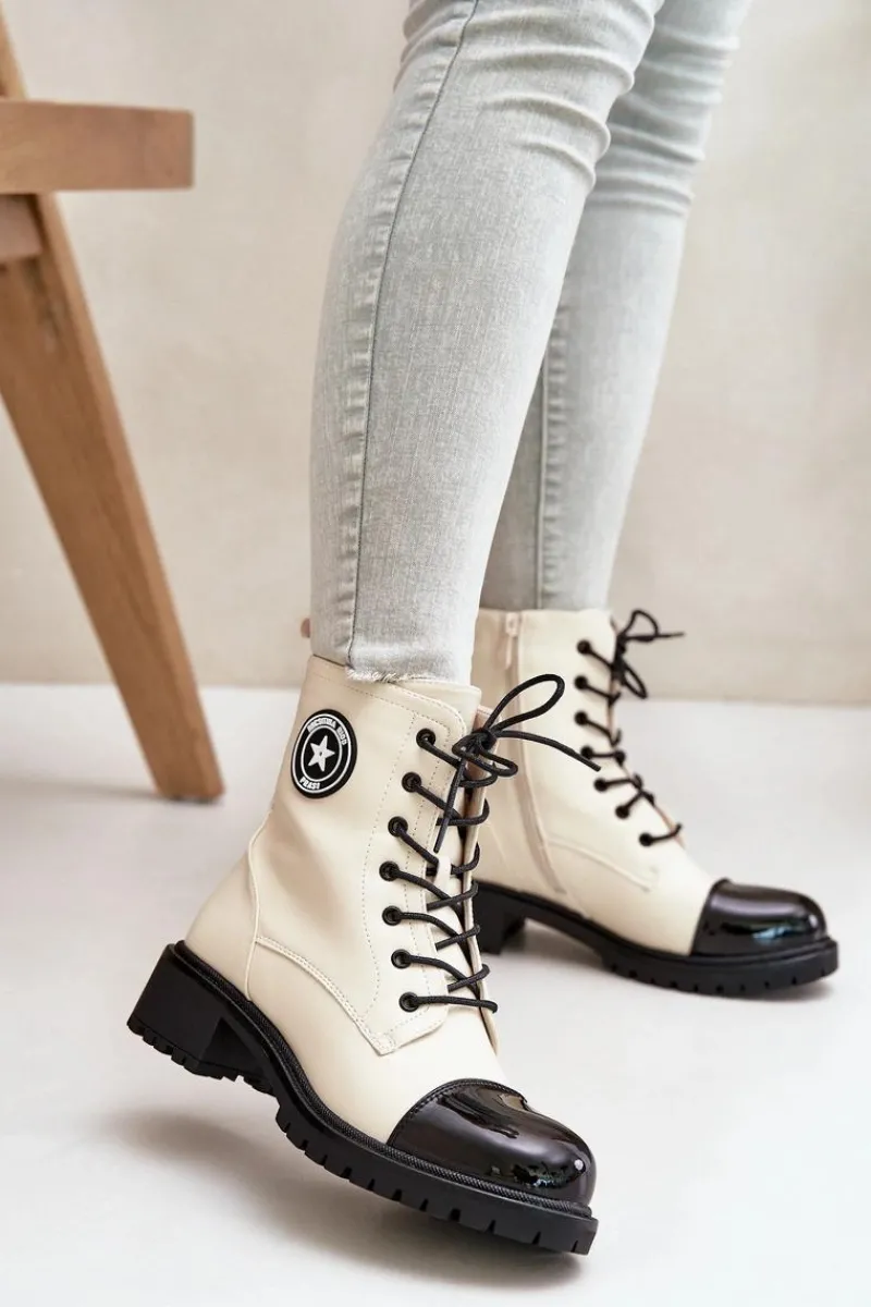 New Botki Workery Na Zamek Ocieplane Beżowo-Czarne Soratta Damskie Botki Sznurowane|Botki Płaskie