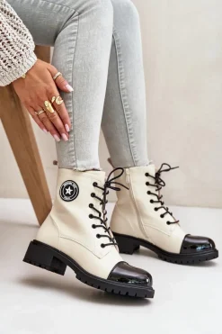 New Botki Workery Na Zamek Ocieplane Beżowo-Czarne Soratta Damskie Botki Sznurowane|Botki Płaskie