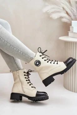 New Botki Workery Na Zamek Ocieplane Beżowo-Czarne Soratta Damskie Botki Sznurowane|Botki Płaskie