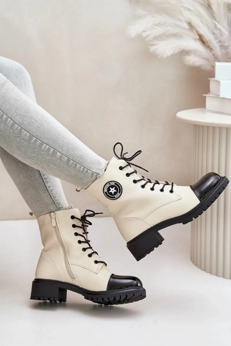 New Botki Workery Na Zamek Ocieplane Beżowo-Czarne Soratta Damskie Botki Sznurowane|Botki Płaskie