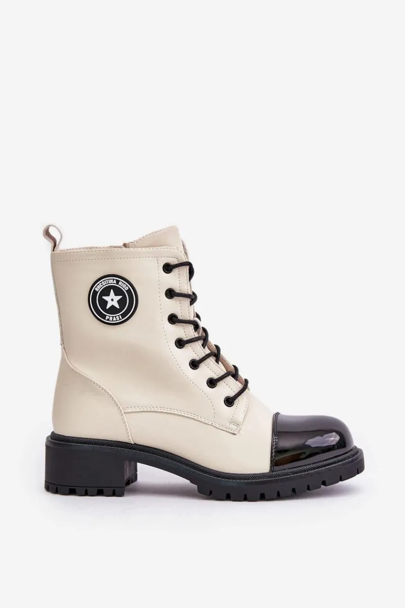 New Botki Workery Na Zamek Ocieplane Beżowo-Czarne Soratta Damskie Botki Sznurowane|Botki Płaskie