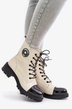 New Botki Workery Na Zamek Ocieplane Beżowo-Czarne Soratta Damskie Botki Sznurowane|Botki Płaskie