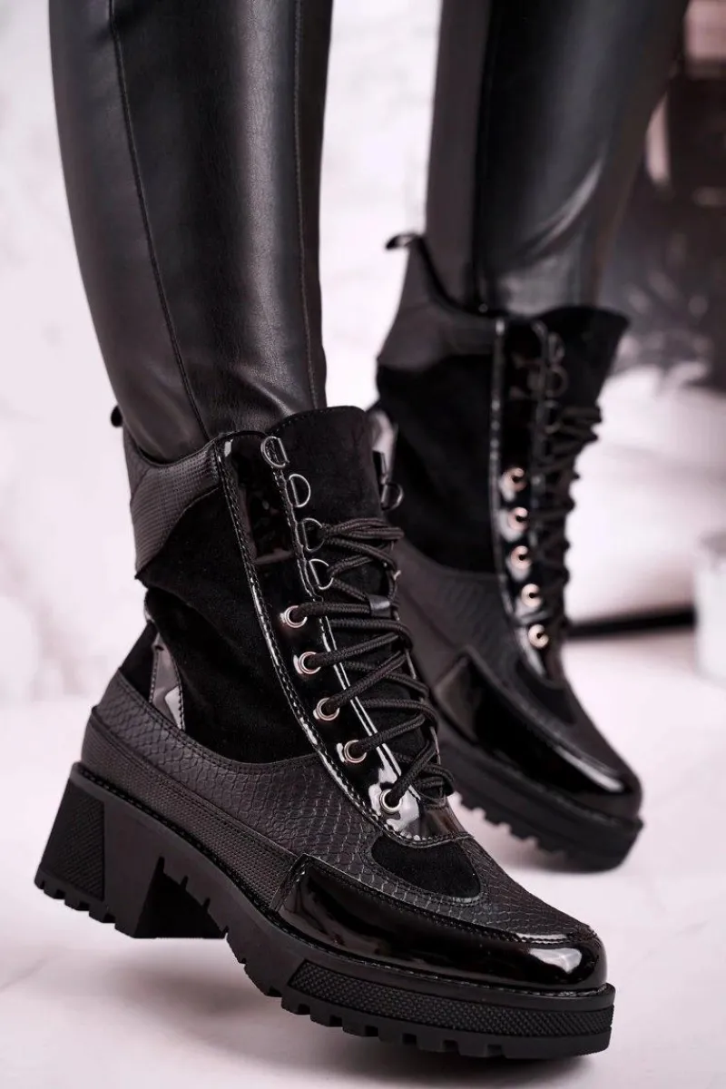 Online Botki Workery Ocieplane Czarne Print Zwierzęcy Helena Damskie Botki Sznurowane|Czarne Botki