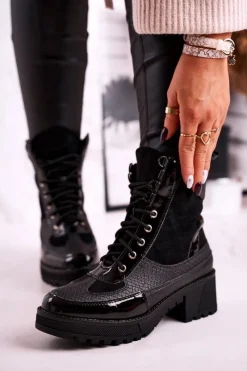 Online Botki Workery Ocieplane Czarne Print Zwierzęcy Helena Damskie Botki Sznurowane|Czarne Botki