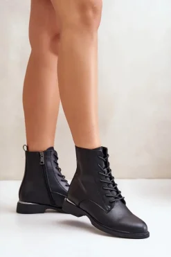 Hot Botki Workery Ocieplane Damskie Skóra Naturalna Vinceza 66691 Czarne Damskie Botki Sznurowane|Czarne Botki